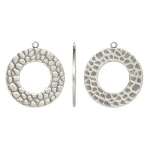 Drop, antique silver-plated steel, 25mm textured open round. Sold per pkg of 10.