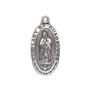 Drop, antiqued sterling silver, 26x14mm single-sided oval with "OUR LADY OF GUADALUPE." Sold individually.