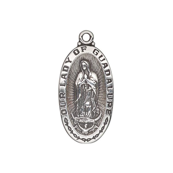 Drop, antiqued sterling silver, 26x14mm single-sided oval with "OUR LADY OF GUADALUPE." Sold individually. image number 0