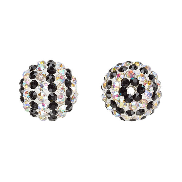 Bead, Egyptian glass rhinestone / epoxy / resin, white / black / clear AB, 14mm round with pavé striped design. Sold individually. image number 0