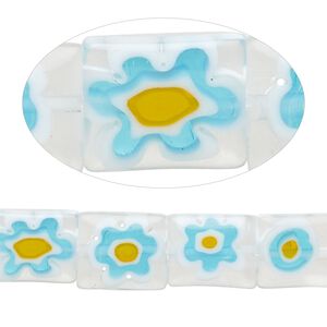 Bead, millefiori glass, translucent light blue / white / golden yellow, 12x10mm puffed rectangle with flower design. Sold per 14-inch strand.
