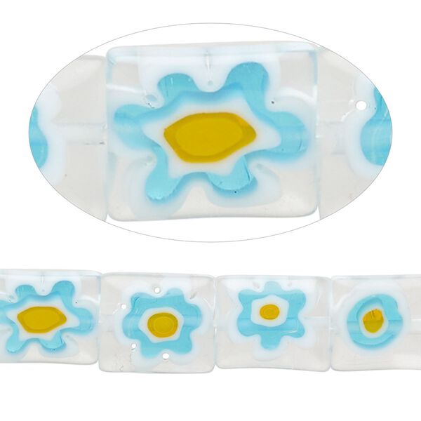 Bead, millefiori glass, translucent light blue / white / golden yellow, 12x10mm puffed rectangle with flower design. Sold per 14-inch strand. image number 0