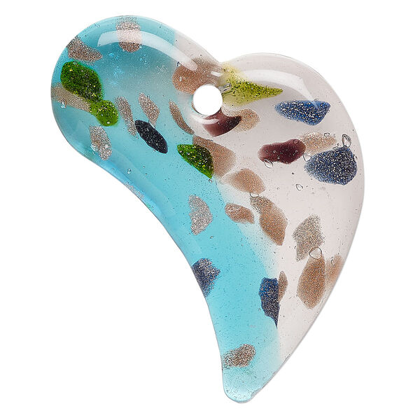 Focal, lampworked glass, translucent and transparent blue and pink with mixed color glitter, 60x46mm-63x52mm falling heart. Sold individually. image number 0