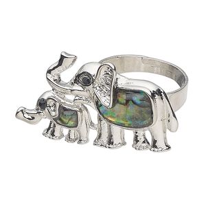 Ring 1pkg1 brass / paua shell / glass rhinestone, 39x20mm elephant / baby, natural silver finish / black