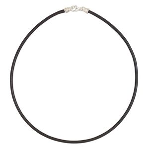 Necklace cord, Dione®, leather (dyed) and sterling silver, black, 3mm round with twist off end, 16-inches with lobster claw clasp. Sold individually.