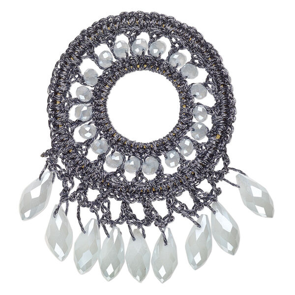 Focal, glass / nylon / steel, dark grey, 58x56mm-64x62mm open round with fringe. Sold individually. image number 0