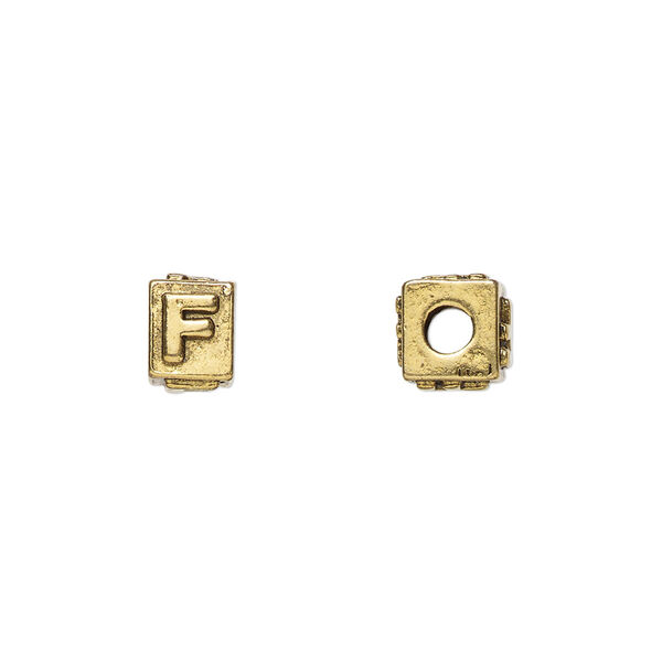 Bead, antique gold-plated pewter (tin-based alloy), 8x6mm rectangle with alphabet letter "F.". Sold per pkg of 4. image number 0