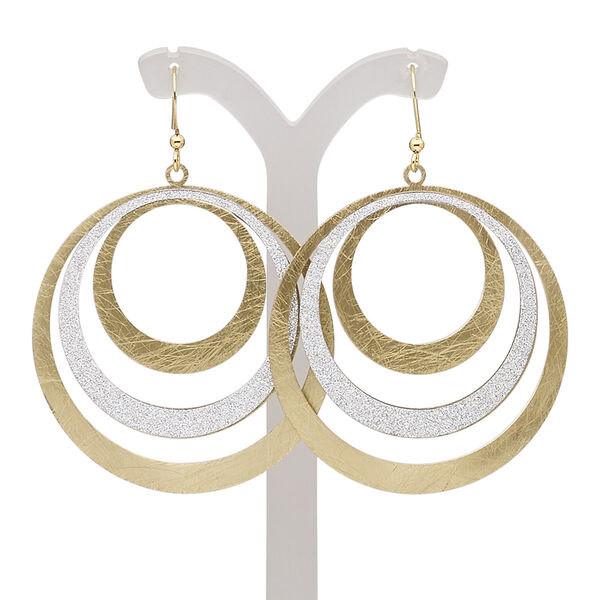 Earring, gold-finished brass, silver with glitter, 2-1/2 inches with scratched triple open circle and fishhook ear wire. Sold per pair. image number 0