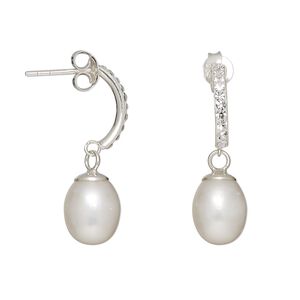 Earring, cultured freshwater pearl (bleached) / sterling silver / glass rhinestone, white and clear, 26mm with 10x7mm teardrop and post. Sold per pair.