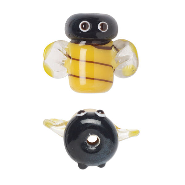 Bead, lampworked glass, opaque and transparent multicolored, 22x19mm bee. Sold per pkg of 2. image number 0