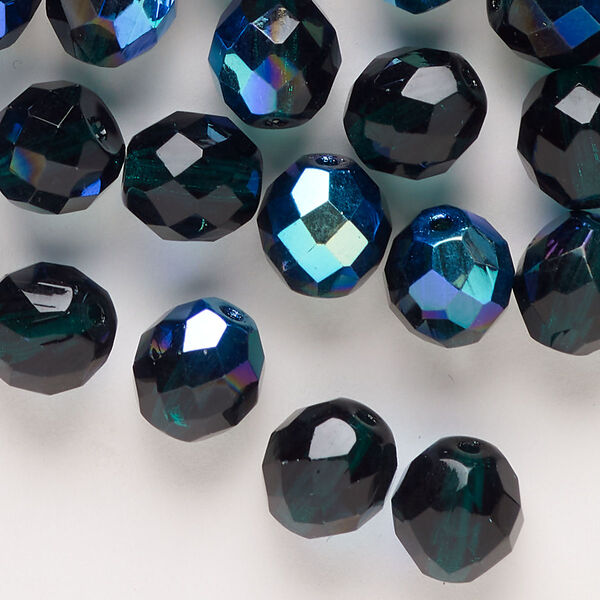 Bead, Czech fire-polished glass, opaque dark green AB, 10mm faceted round. Sold per pkg of 50. image number 0
