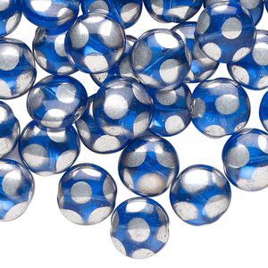 Bead, Czech glass, pkg/54, translucent blue and opaque metallic silver, 10mm puffed flat round with dots.