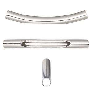 Bead, imitation rhodium-finished brass, 45x5mm curved tube with oval cutout. Sold per pkg of 10.