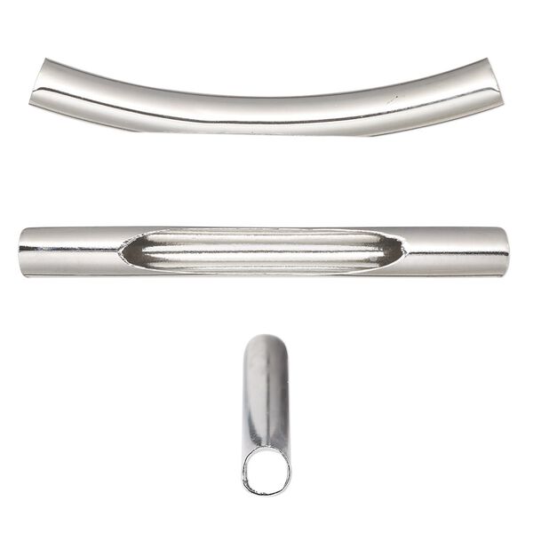 Bead, imitation rhodium-finished brass, 45x5mm curved tube with oval cutout. Sold per pkg of 10. image number 0