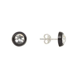 Earstud, Create Compliments®, sterling silver and crystal, black and clear, 8mm round. Sold per pair.