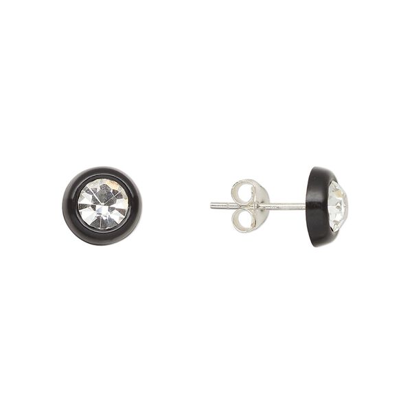 Earstud, Create Compliments®, sterling silver and crystal, black and clear, 8mm round. Sold per pair. image number 0