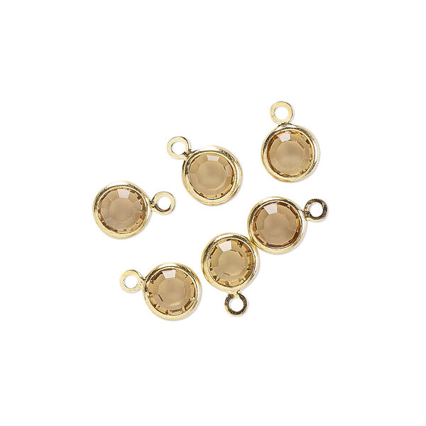 Drop, glass rhinestone and gold-finished brass, topaz yellow, 6-6.5mm faceted round. Sold per pkg of 6. image number 0