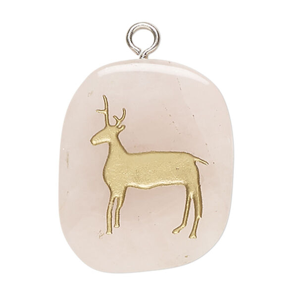 Focal, rose quartz (natural) / enamel / silver-finished steel, opaque gold, 28x24mm-36x29mm puffed freeform with deer, C+ grade, Mohs hardness 7. Sold individually. image number 0