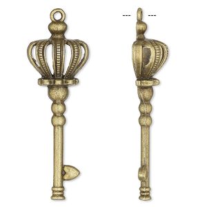 Focal, antique brass-plated "pewter" (zinc-based alloy), 53x19mm single-sided crown key. Sold per pkg of 2.