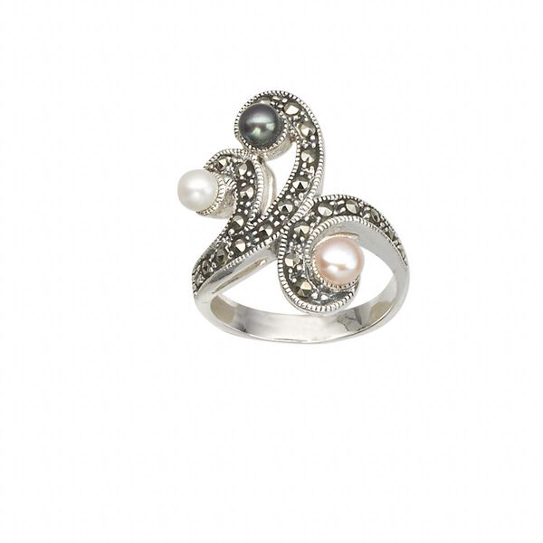 Ring, cultured freshwater pearl (bleached / dyed) / marcasite (natural) / sterling silver, multicolored, 24x20mm wave, size 7-1/2. Sold individually. image number 0