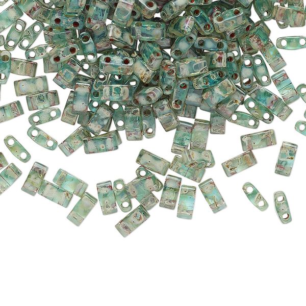 Seed bead, TILA®, glass, pkg/250g, 5x2.3mm half tila rectangle, translucent Picasso turquoise blue, (HTL-4506). image number 0