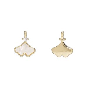 Charm 1pkg2 gold-finished brass / glass rhinestone / mother-of-pearl shell (bleached), clear / white, 11mm ginkgo leaf.