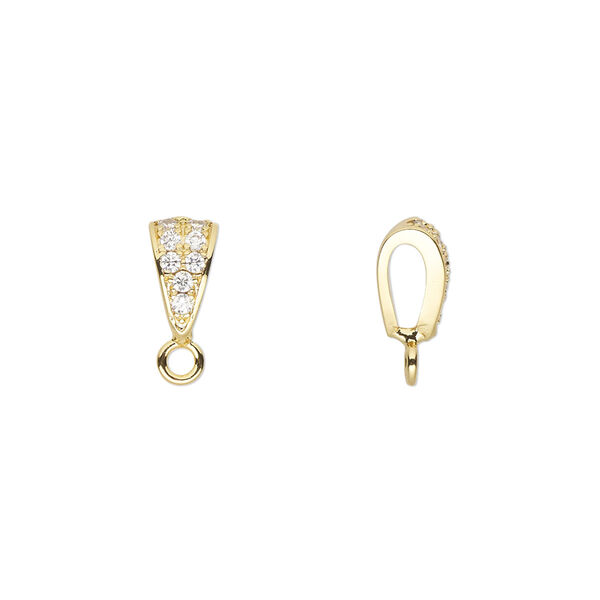 Bail, cubic zirconia and gold-finished brass, clear, 9x5mm single-sided with loop. Sold individually. image number 0