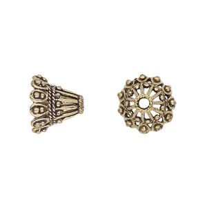 Cone, antique gold-finished brass, 13x11mm beaded fancy, 9.5mm hole. Sold per pkg of 6.