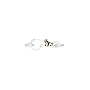 Clasp, hook-and-eye, antiqued sterling silver, 11x6mm with lines and 2 jump rings. Sold per pkg of 2.