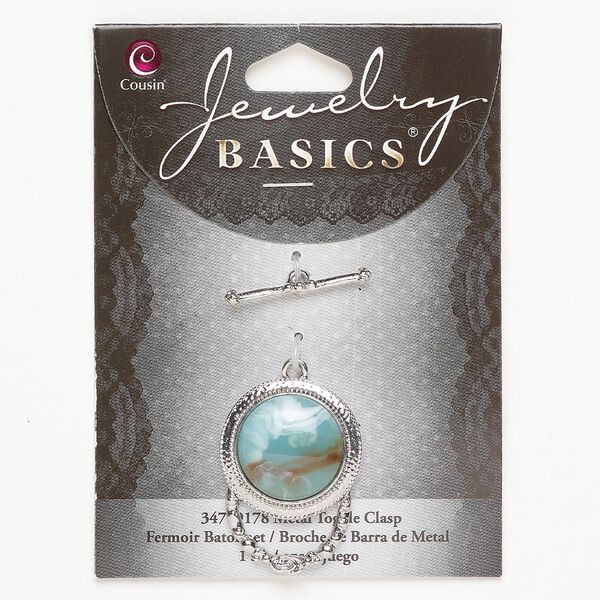 Clasp toggle 1pkg1 "pewter" (zinc-based alloy) / acrylic, 34x24mm round, silver finish / multicolored image number 0