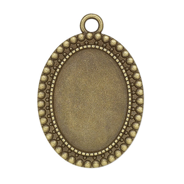 Focal, glue-in, antique brass-finished "pewter" (zinc-based alloy), 32.5x26mm single-sided oval with beaded edge, 25x18mm oval setting. Sold per pkg of 2. image number 0