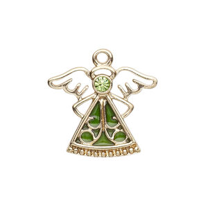 Charm, enamel / crystals / gold-finished "pewter" (zinc-based alloy), peridot and green, 24x19mm single-sided angel. Sold individually.