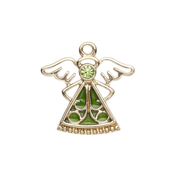 Charm, enamel / crystals / gold-finished "pewter" (zinc-based alloy), peridot and green, 24x19mm single-sided angel. Sold individually. image number 0