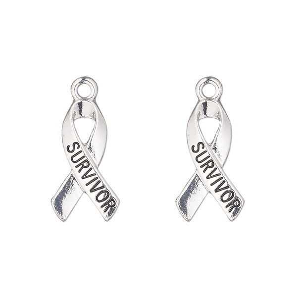 Charm, antique gold-finished "pewter" (zinc-based alloy), 18x10mm single-sided awareness ribbon with "survivor". Sold per pkg of 2. image number 0