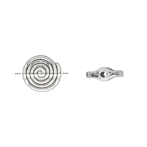 Bead, antique silver-plated "pewter" (zinc-based alloy), 11mm flat round spiral. Sold per pkg of 50. image number 0