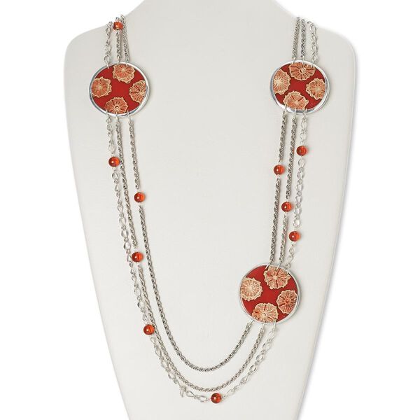 Necklace, wood (dyed) / resin / antiqued silver-finished aluminum / brass / steel, red, 49mm flat round, 33 inches with 2-inch extender chain and lobster claw clasp. Sold individually. image number 0