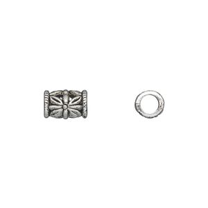 Bead, antique silver-plated "pewter" (zinc-based alloy), 9x6mm tube with flower design. Sold per pkg of 50.