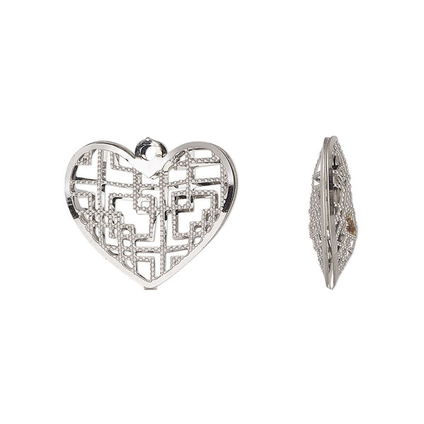 Charm, stainless steel, 18x15.5mm double-sided domed heart with textured cut-out geometric design. Sold per pkg of 6. image number 0