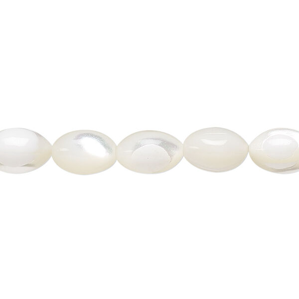 Bead, mother-of-pearl shell (bleached), white, 10x7mm oval, Mohs hardness 3-1/2. Sold per 15-1/2" to 16" strand. image number 0