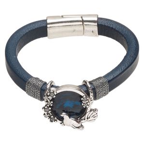 Bracelet 1pkg1 faux leather / glass rhinestone / silver-finished brass and stainless steel, navy blue and teal, 20mm width with bird and flowers, 6.5 inches with magnetic clasp.
