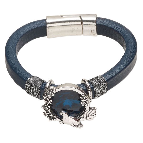 Bracelet 1pkg1 faux leather / glass rhinestone / silver-finished brass and stainless steel, navy blue and teal, 20mm width with bird and flowers, 6.5 inches with magnetic clasp. image number 0