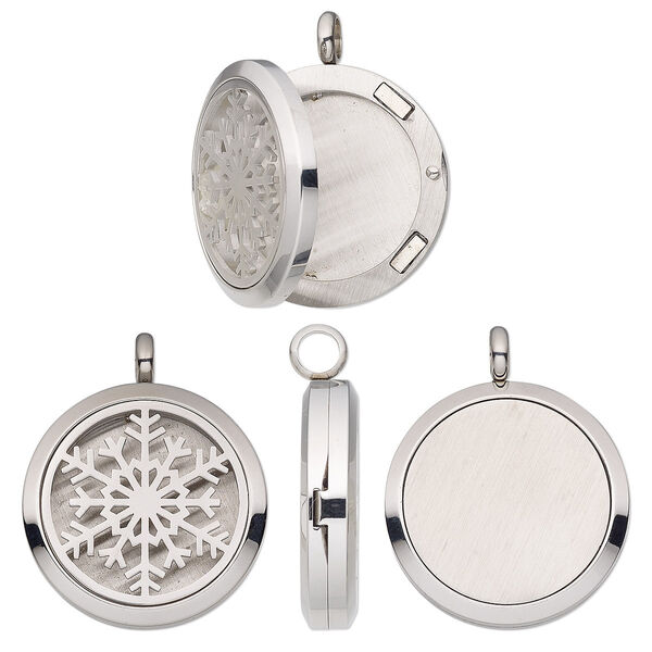 Pendant, stainless steel, 37x30mm single-sided hinged round locket with cutout snowflake and magnetic closure. Sold individually. image number 0