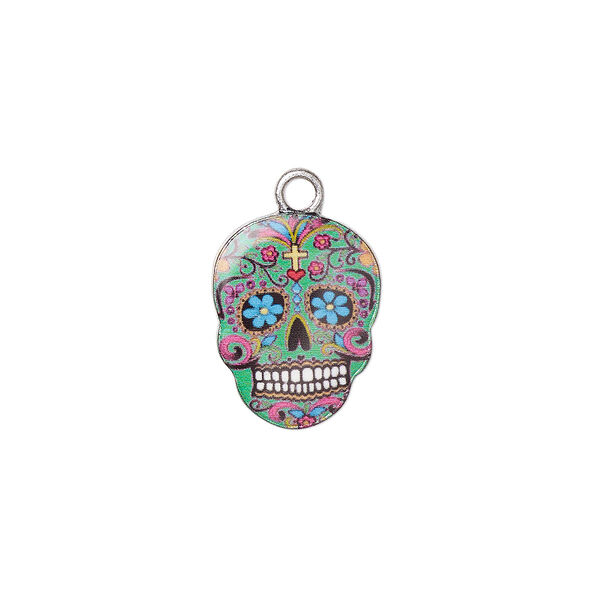 Charm, resin and antique silver-plated "pewter" (zinc-based alloy), green and multicolored, 17.5x14mm single-sided Dia de los Muertos skull with flower and heart design. Sold individually. image number 0
