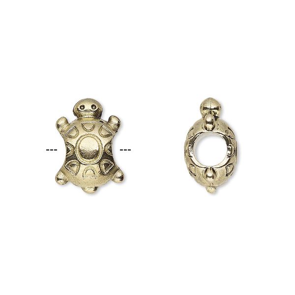 Bead, antique gold-finished "pewter" (zinc-based alloy), 15x10.5mm double-sided turtle with 4.5mm hole. Sold per pkg of 12. image number 0