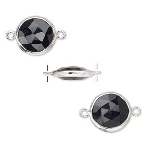 Link, black onyx (dyed) and sterling silver, 12mm double-sided faceted round. Sold per pkg of 2.