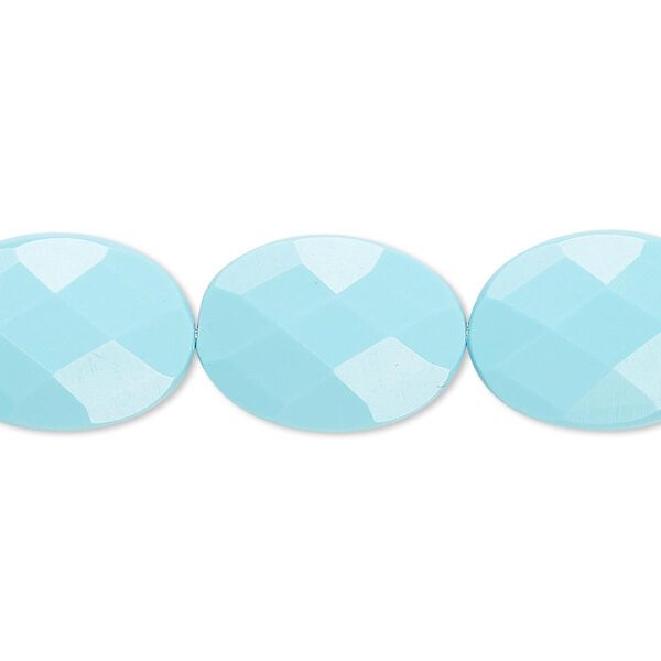 Bead, "turquoise" (resin) (imitation), blue, 18x13mm faceted flat oval. Sold per 8-inch strand, approximately 10 beads. image number 0