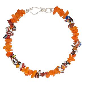 Bracelet, glass / chevron glass / steel memory wire, orange and multicolored, 7.5mm wide chip, 7-1/2 inches with hook clasp. Sold individually.