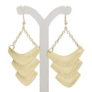 Earring, gold-finished brass and steel, 2-1/2 inches with scratched chevron and fishhook ear wire. Sold per pair.
