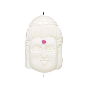 Bead, bone (dyed / coated) and glass, white and red, 28x18mm hand-carved vertically-drilled single-sided Kwan Yin, Mohs hardness 2-1/2. Sold individually.