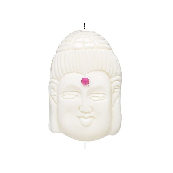 Bead, bone (dyed / coated) and glass, white and red, 28x18mm hand-carved vertically-drilled single-sided Kwan Yin, Mohs hardness 2-1/2. Sold individually. image number 0